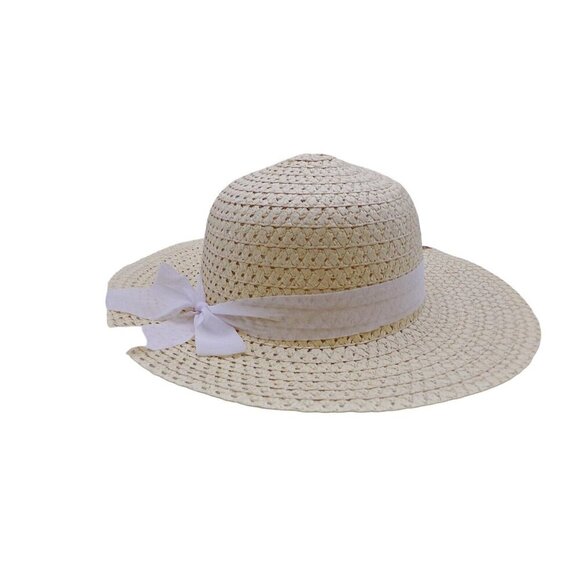 Tan Wide Floppy Brim Beach Garden Paper Straw Hat White Removable Bow Womens OSF - Picture 2 of 8